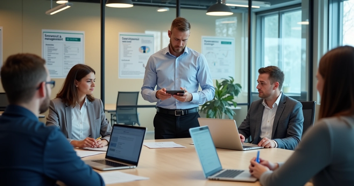 Gestor analisando relatórios de riscos psicossociais em ambiente corporativo moderno